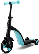 Close-up kids convertible tricycle with black frame and turquoise wheel details