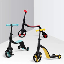 Convertible kids tricycle with black frame, red handle grips and yellow accents, 3-wheel setup