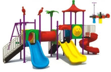 Kids outdoor playground with red roof, double slides, swings, and tunnel, colorful