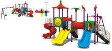 Kids outdoor playground set with yellow and blue slides, red platform, and swing frames