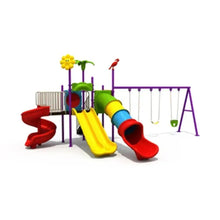 Kids outdoor playground set with yellow slide, red steps, and swing ropes