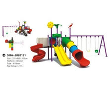 Kids outdoor playground with triple slides, red spiral ladder, and swing set