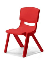 Red kids plastic chair with contoured back and white handle cutout