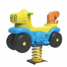 Cartoon spring rider toy vehicle, yellow-green and blue with black wheels and yellow coil spring.