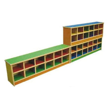 Wooden kids shelf with colorful cubby compartments and open-front shelves, side view