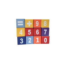 Kids number foam blocks with math symbols + and =, showing digits 0–9