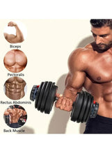 Adjustable dumbbell with stacked black plates held by man; muscle diagram labels