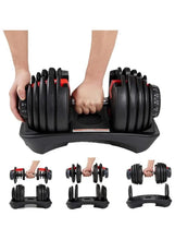 Adjustable dumbbell with numbered selector dial, stacked black plates, red accents