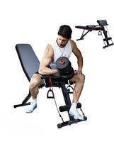 Incline workout bench in use with black backrest and leg supports, red frame