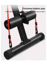 Black sturdy workout bench frame with thick base pipe and red strap attachments