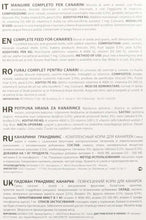 Canarini bird food label text with storage, warnings, and nutrition facts