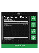 Supplement facts panel showing magnesium 500 mg per serving and 120 tablets