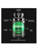 Magnesium 500 mg mineral supplement bottle with health icons around it