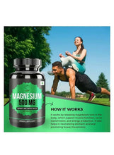Magnesium 500 mg mineral supplement bottle shown beside people exercising