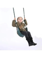 Kids swing seat with dark green board and metal chain hangers, child seated