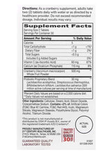 Supplement Facts panel for cranberry plus probiotic supplement with serving info