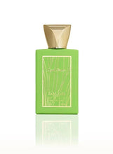 Green perfume bottle with gold cap and clear front label, unisex Eau de Parfum