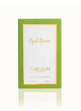 Green perfume box with gold framed text on white front panel