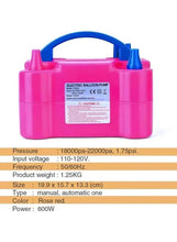 Electric balloon pump inflator with front label, blue handle arch, and dual nozzles