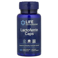 Lactoferrin capsules supplement bottle, blue label with Life Extension Lactoferrin Caps text