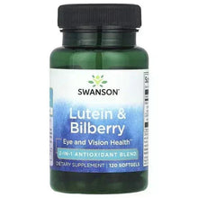 Swanson Lutein & Bilberry dietary supplement bottle, 120 softgels, black cap