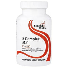 Dietary supplement bottle with Seeking Health B Complex MF label, 100 vegetarian capsules