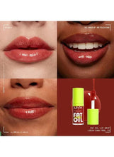 Red glossy lips wearing lip oil; NYX Fat oil lip drip shown