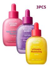 3-piece facial serum set with pink, purple and yellow bottles, 30 ml each