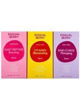 3-pack serum boxes labeled NAD+ peptide, Vitamin illuminating, and Bakuchiol formulas