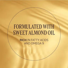 Label graphic: formulated with sweet almond oil, rich in fatty acids and omega 9