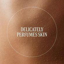 Skin close-up with circular label text: delicately perfumes skin