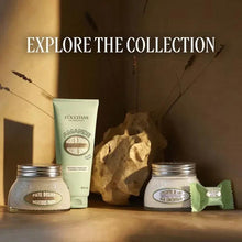 Almond body paste jar, tube, and refill set on display with collection theme