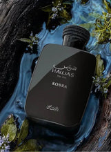 Dark eau de parfum bottle with ribbed cap, Hawas Kobra For Him print