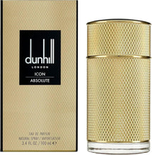 Gold textured eau de parfum bottle with black logo panel on matching box