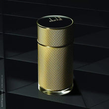 Gold textured eau de parfum bottle with domed cap