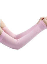 Unisex arm sleeve, light pink stretch fabric with thumb loop cuff