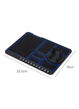 Blue and black anti-slip dashboard mat, 25.5 cm by 18 cm, with phone holders
