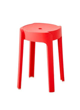 Red plastic round stool with flat seat top and four straight legs