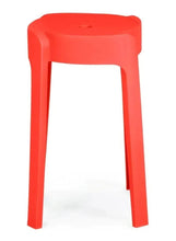 Red plastic round stool from the side, with flat square-corner seat