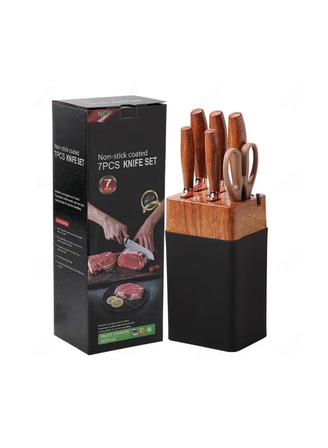 7-Piece Non-Stick Coated Kitchen Knife Set with Square Knife Block