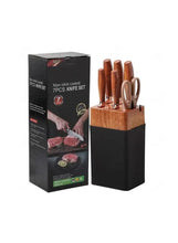 7-piece kitchen knife set with square knife block and wooden-handled knives
