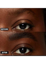 Eyebrow area with dark, filled brows in black shade; before and after