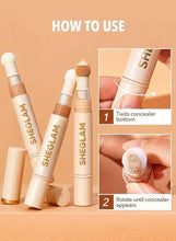 Concealer stick and sponge-tip applicator, shown in use steps
