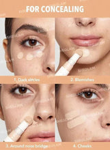 Face concealer application: under-eye, blemishes, nose bridge, and cheeks