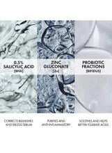 Cleanser ingredient panel: 0.5% salicylic acid, zinc gluconate, probiotic fractions