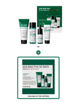 Acne care skincare kit set of green tubes and bottles shown with AHA BHA PHA box