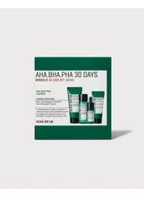 AHA BHA PHA 30 days acne care kit box with miniature green skincare bottles