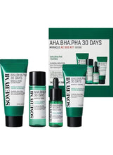 Acne care skincare travel set with green tubes and bottles, 4-step AHA BHA PHA kit