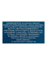 Back label showing ingredients list, including Alcohol Denat. and CI 60730 (ext violet 2)