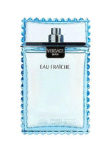 Versace Man Eau Fraiche perfume bottle, clear bottle with blue trim and black label